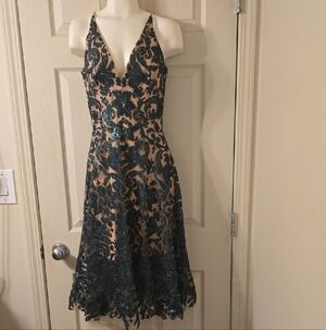 DRESS the POPULATION Emerald Nude Sequin Lace Blair Fit & Flare